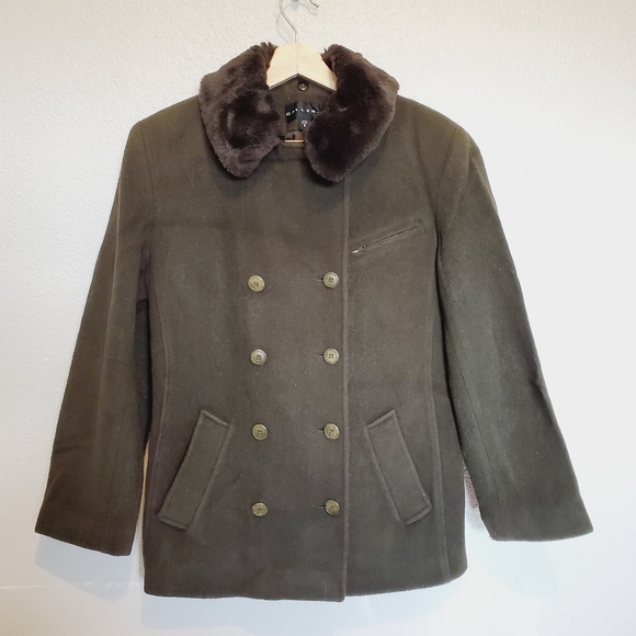 Gallery Wool Chocolate Brown Peacoat  Removable Faux Fur Trim Collar 8 - Picture 2 of 7